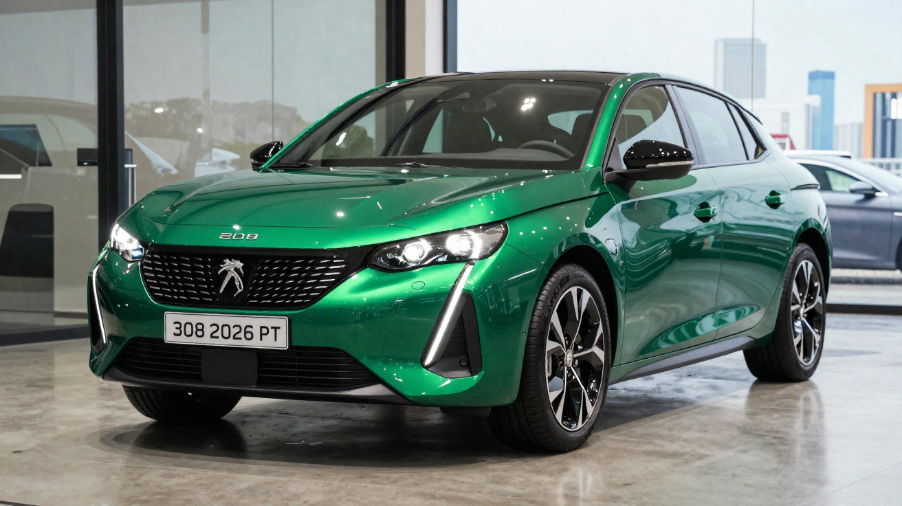 Green Peugeot 208 hatchback parked indoors with glossy finish and modern design.