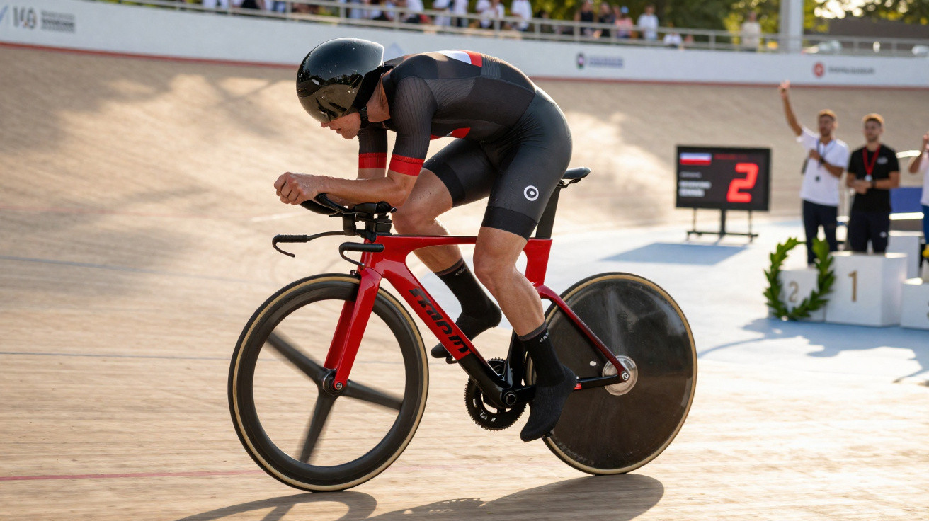 Cyclist in black racing suit and helmet riding a red track bike on a velodrome with spectators in background.