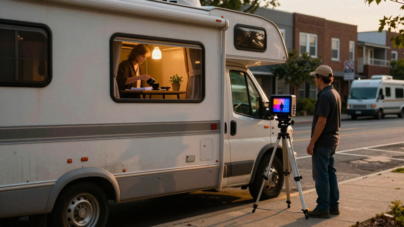Person filming inside lit campervan parked on urban street during early evening.