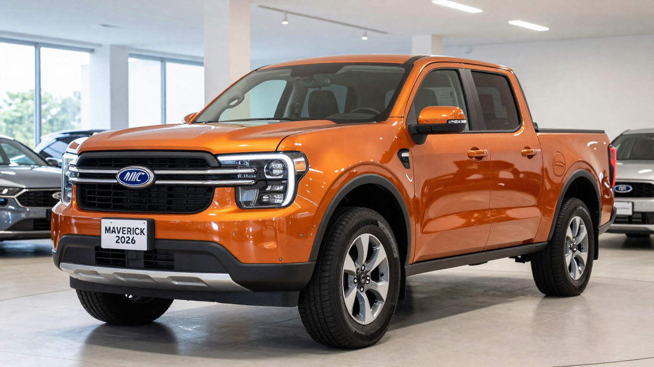 Orange 2026 Maverick pickup truck displayed inside a showroom with modern design and large windows.