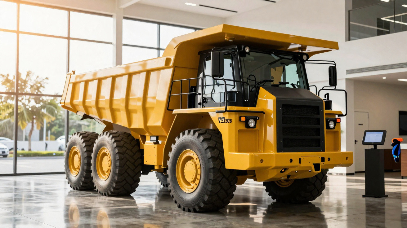 Large yellow articulated dump truck displayed indoors with polished floor and large windows.