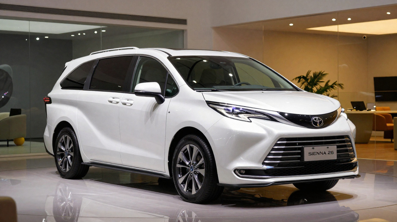 White Toyota Sienna 26 minivan displayed indoors with modern design and tinted windows on showroom floor.