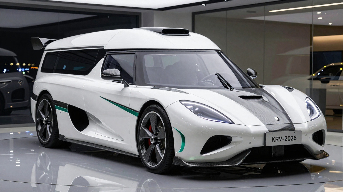 White Koenigsegg supercar modified into a sporty hearse with sleek design and green accents in a showroom.