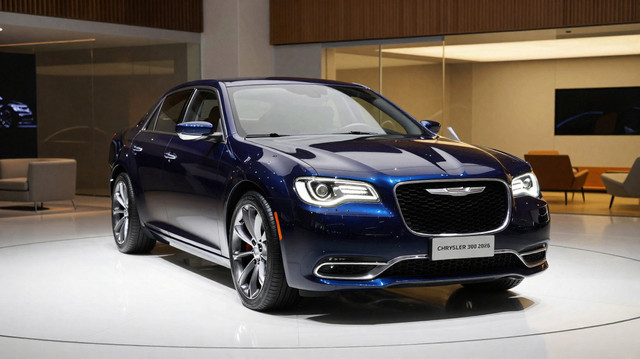Dark blue Chrysler 300 2026 model sedan displayed indoors with modern furniture in the background.