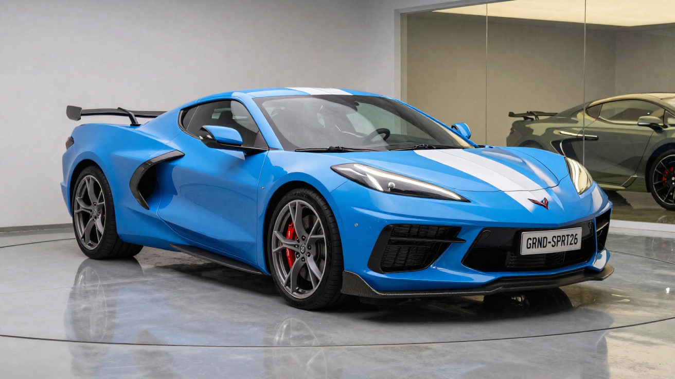 Blue Chevrolet Corvette sports car with white racing stripes parked indoors on a polished concrete floor.