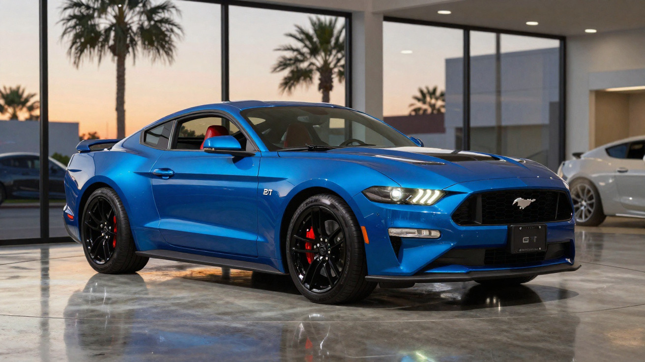 Blue Ford Mustang GT with black wheels and red brake calipers parked indoors at sunset.