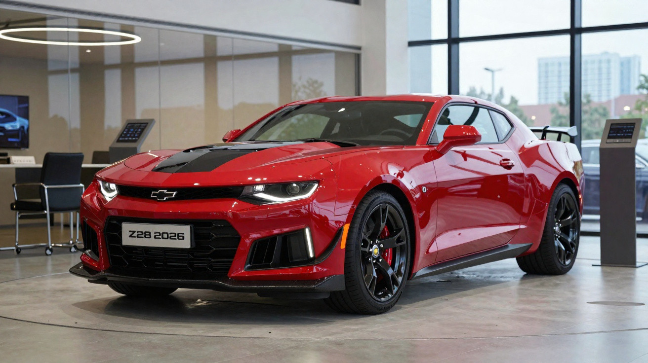 Red 2026 Chevrolet Camaro Z28 sports car displayed indoors with black racing stripes and alloy wheels.