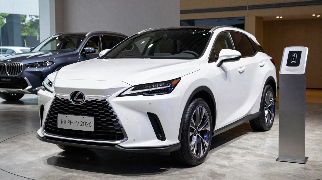 White Lexus RX PHEV 2026 plug-in hybrid SUV parked indoors near a charging station.