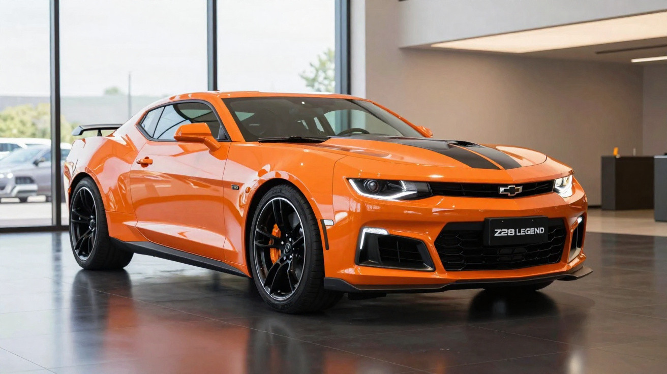 Bright orange Chevrolet Camaro Z28 Legend sports car with black detailing parked indoors on a shiny floor.
