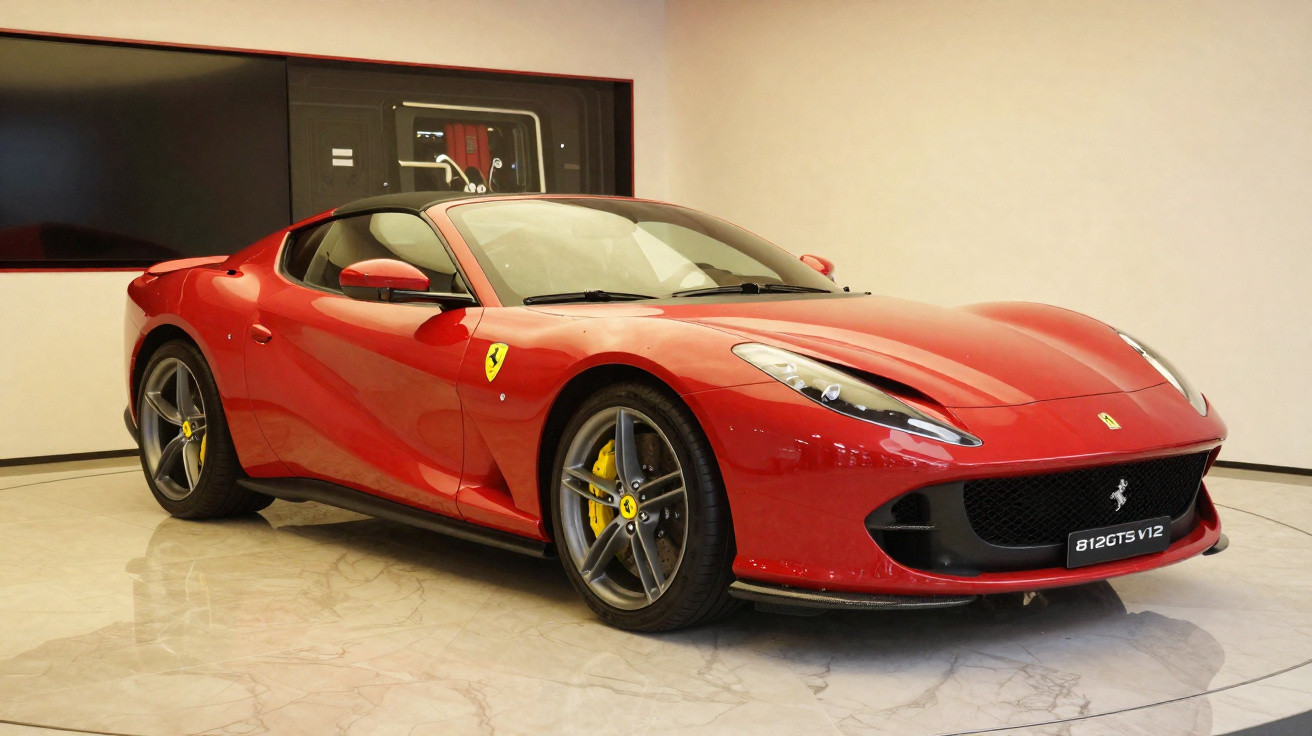 Red Ferrari 812 GTS V12 sports car displayed in a showroom with polished floor and beige walls.