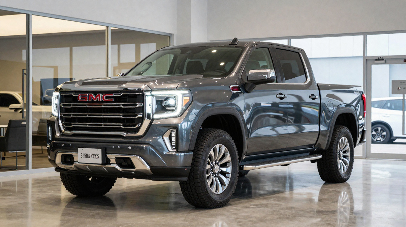 Grey GMC Sierra 2023 pickup truck parked inside a showroom with glass walls and polished floor.