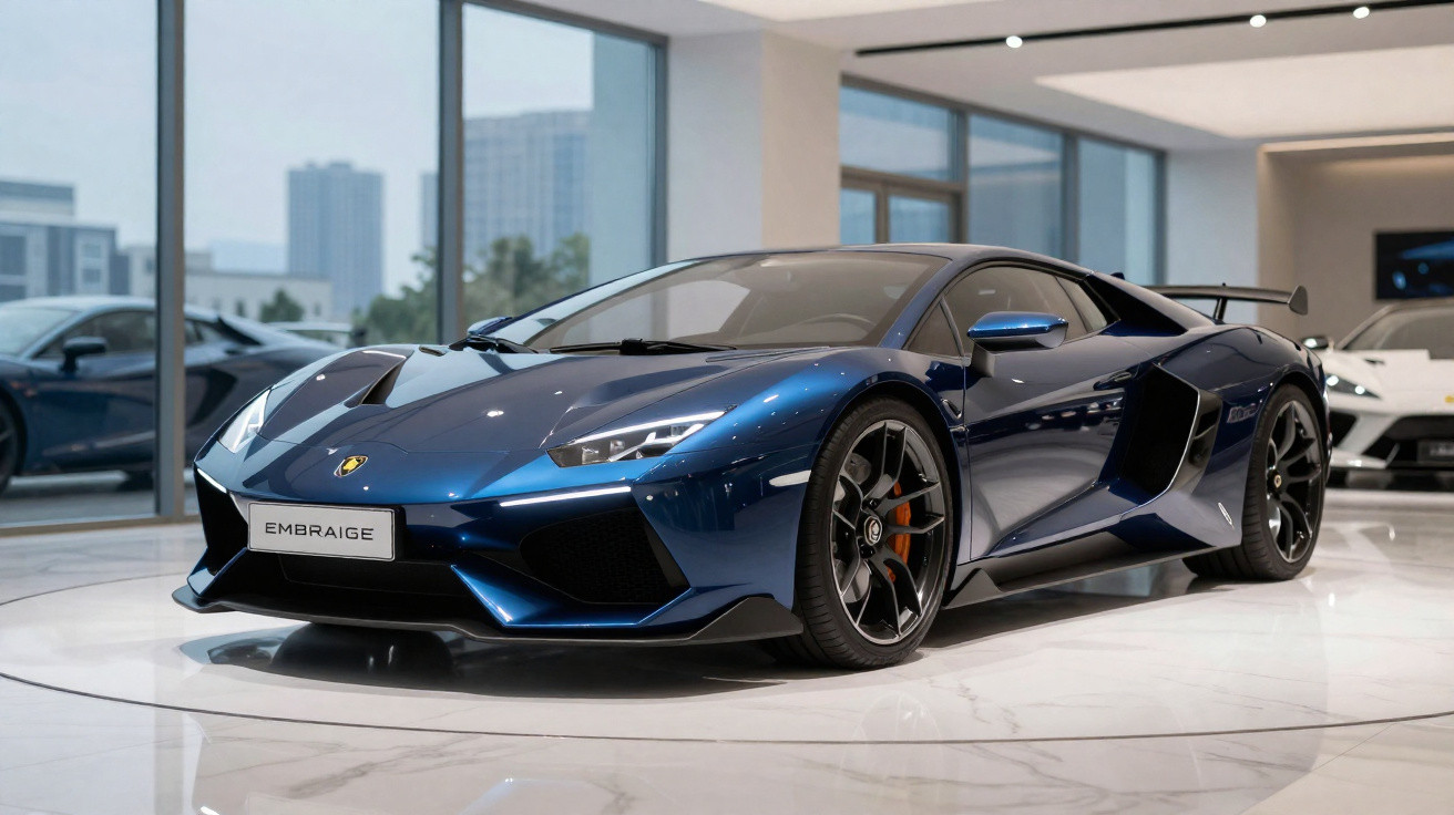 Blue Lamborghini Aventador sports car displayed inside a modern showroom with large windows.
