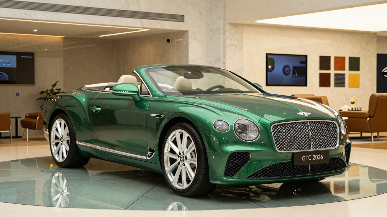 Green Bentley convertible car displayed indoors on a glossy platform with leather seats and modern decor.
