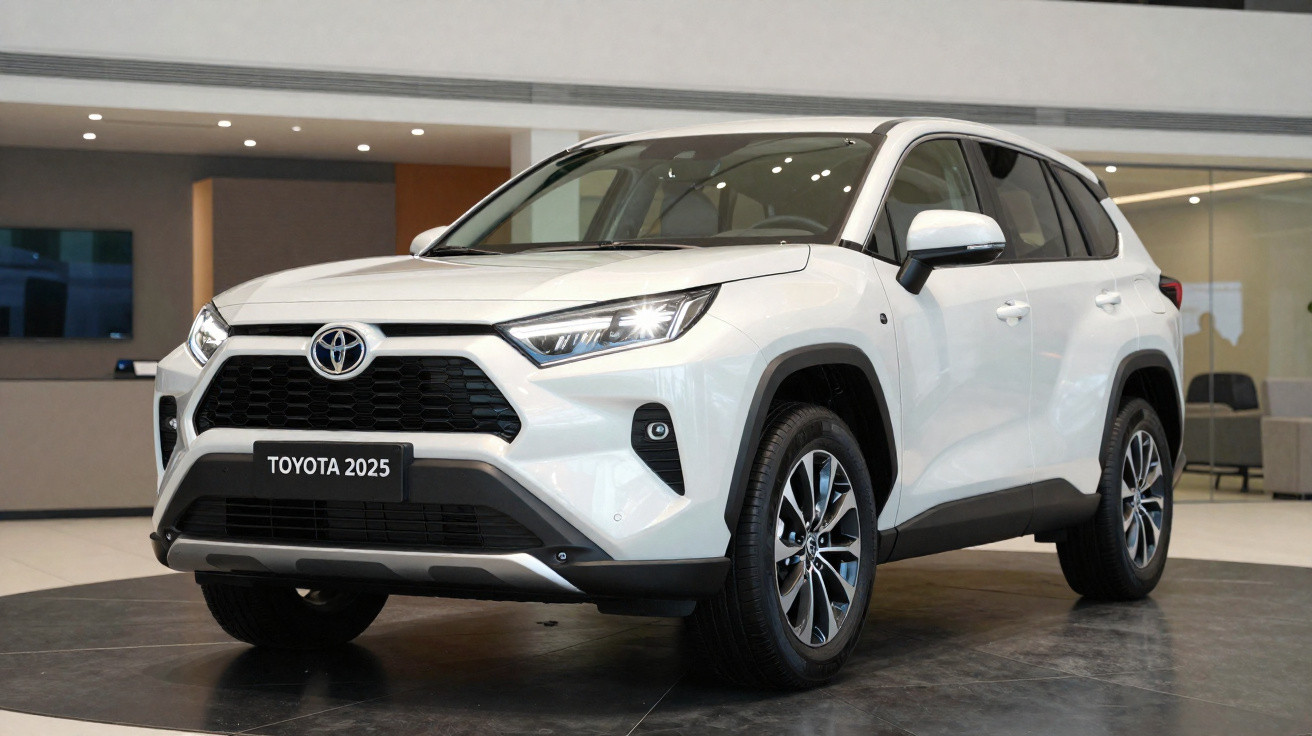 2025 white Toyota SUV displayed indoors on a black platform with modern furniture in the background.