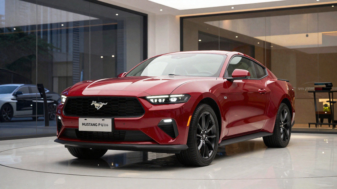Red Ford Mustang sports car displayed indoors with black alloy wheels and illuminated headlights.