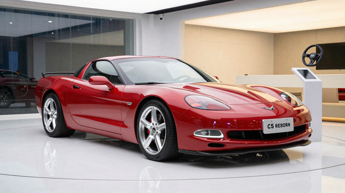 Shiny red Chevrolet Corvette C5 sports car displayed indoors on a glossy white floor with modern decor background.