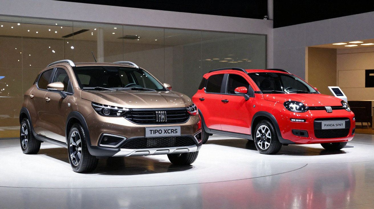 Two Fiat cars, a bronze Tipo XCRS and a red Panda Sport, displayed indoors on a glossy floor.