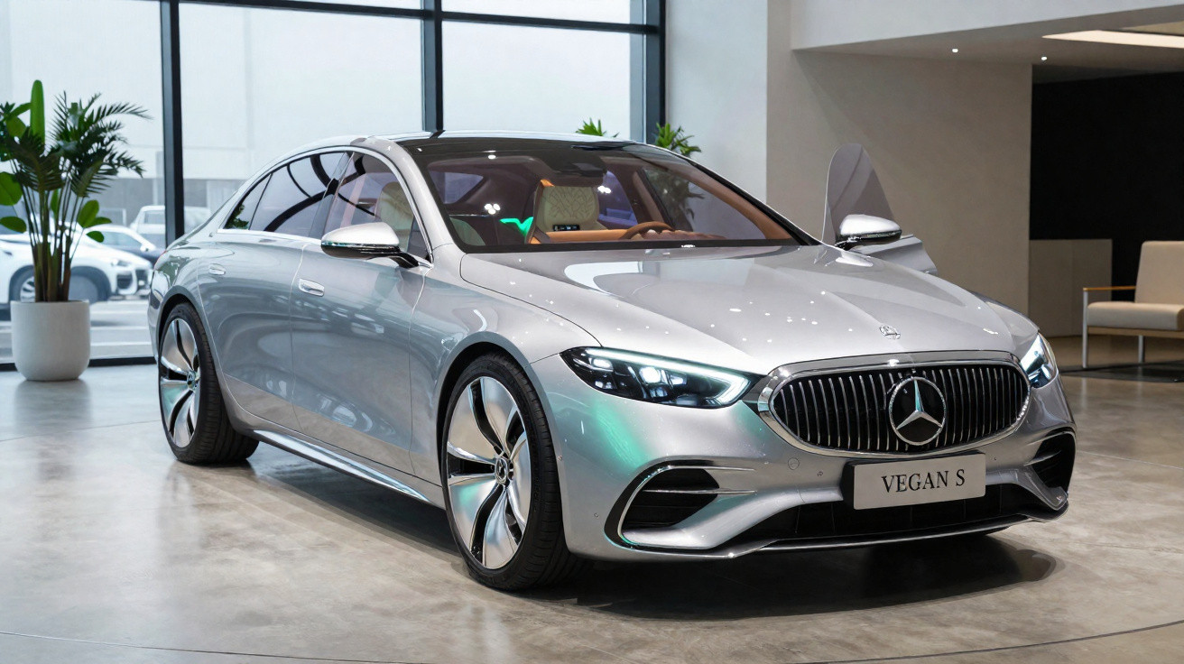 Silver Mercedes-Benz Vegan S electric luxury sedan displayed indoors on polished concrete floor.
