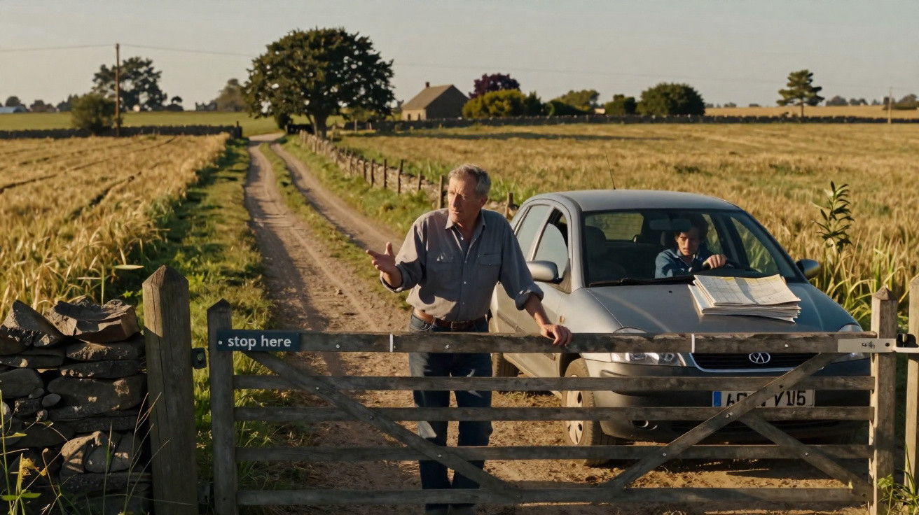 Man standing at wooden gate beside car on rural dirt road with fields and farmhouse in background