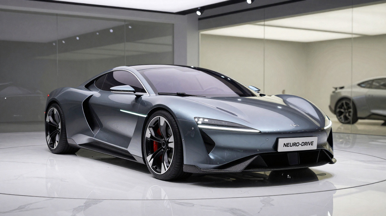 Sleek grey futuristic sports car with aerodynamic design showcased in a modern, well-lit showroom.