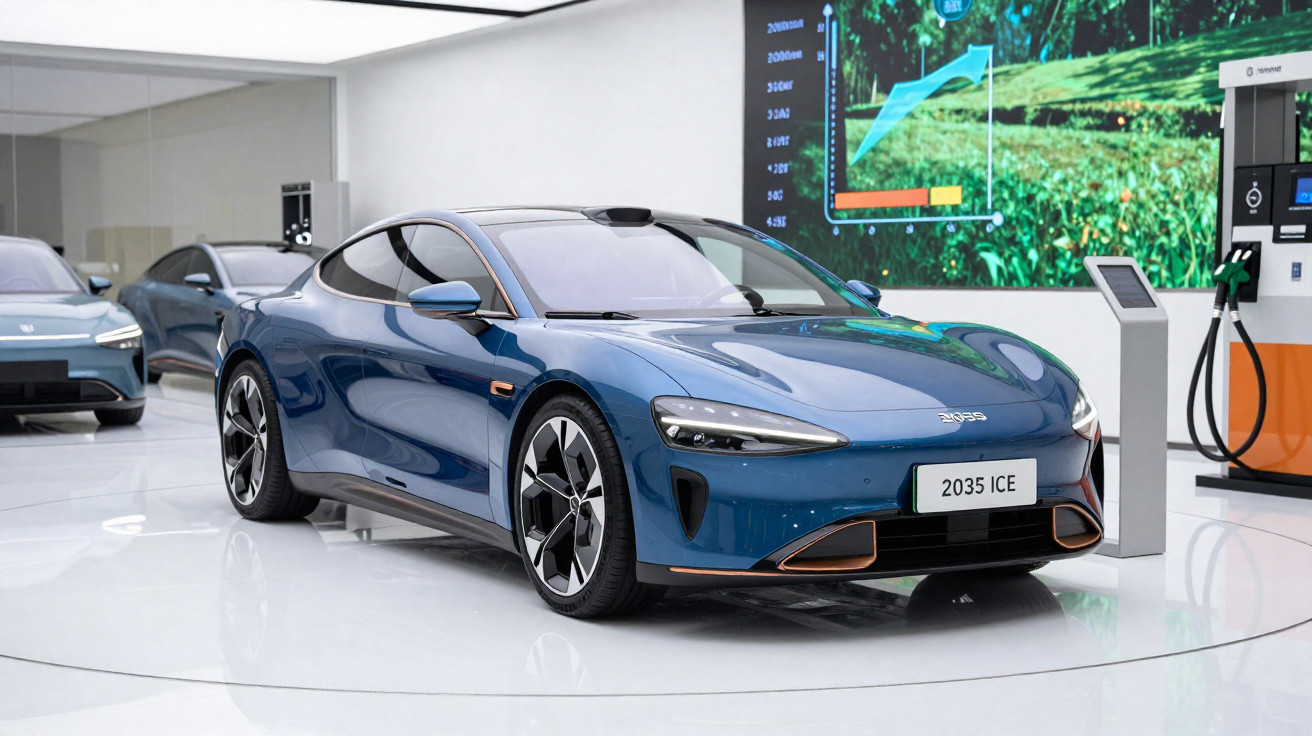 Blue electric sports car displayed in a showroom with charging station and digital screen in the background.