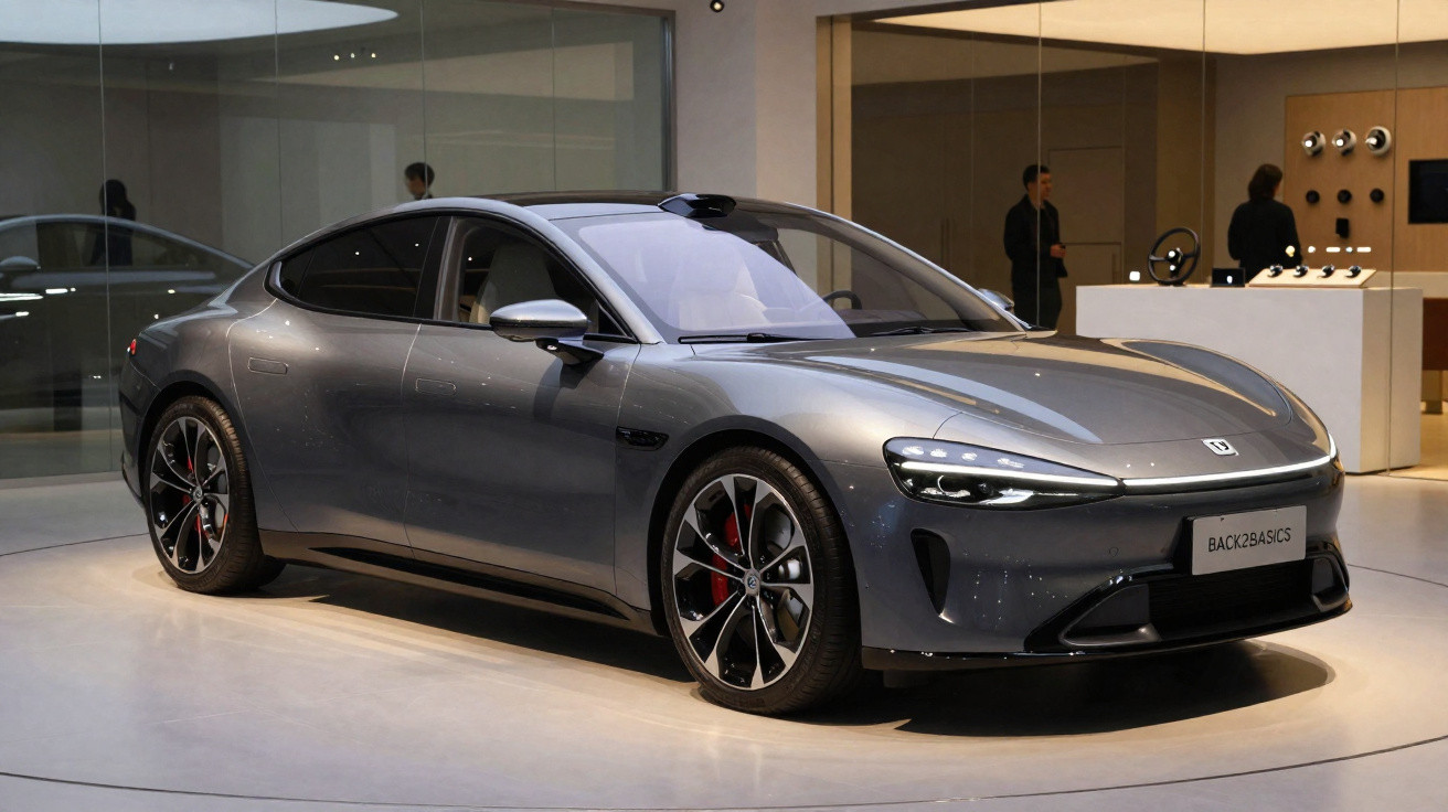 Sleek grey electric sports car displayed in a modern showroom with reflective floor and elegant lighting.