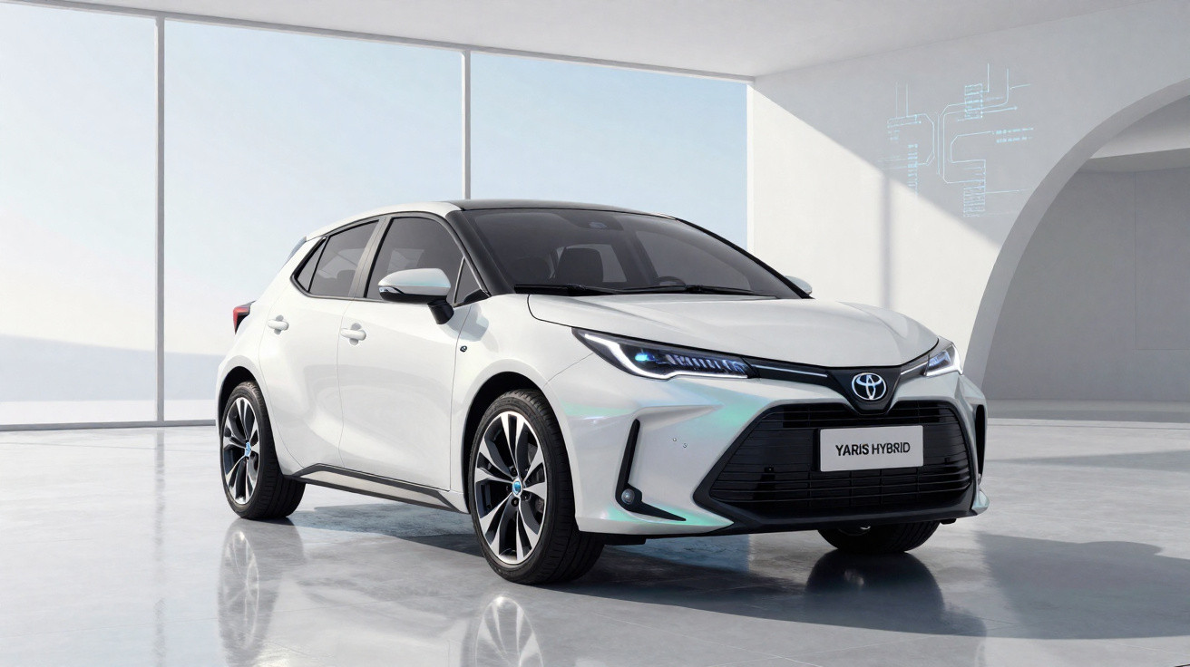 White Toyota Yaris Hybrid hatchback parked in a bright, modern showroom with large windows.