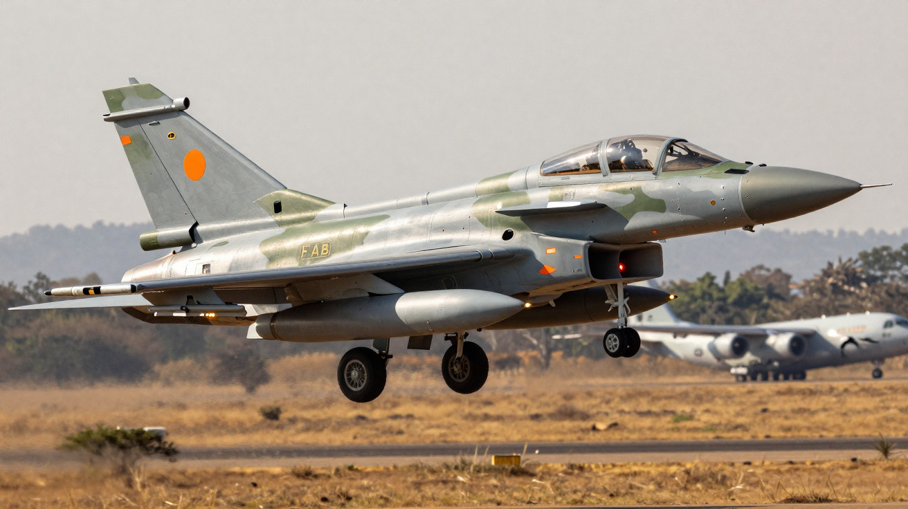 Camouflaged military fighter jet landing on dry runway with cargo plane in background.