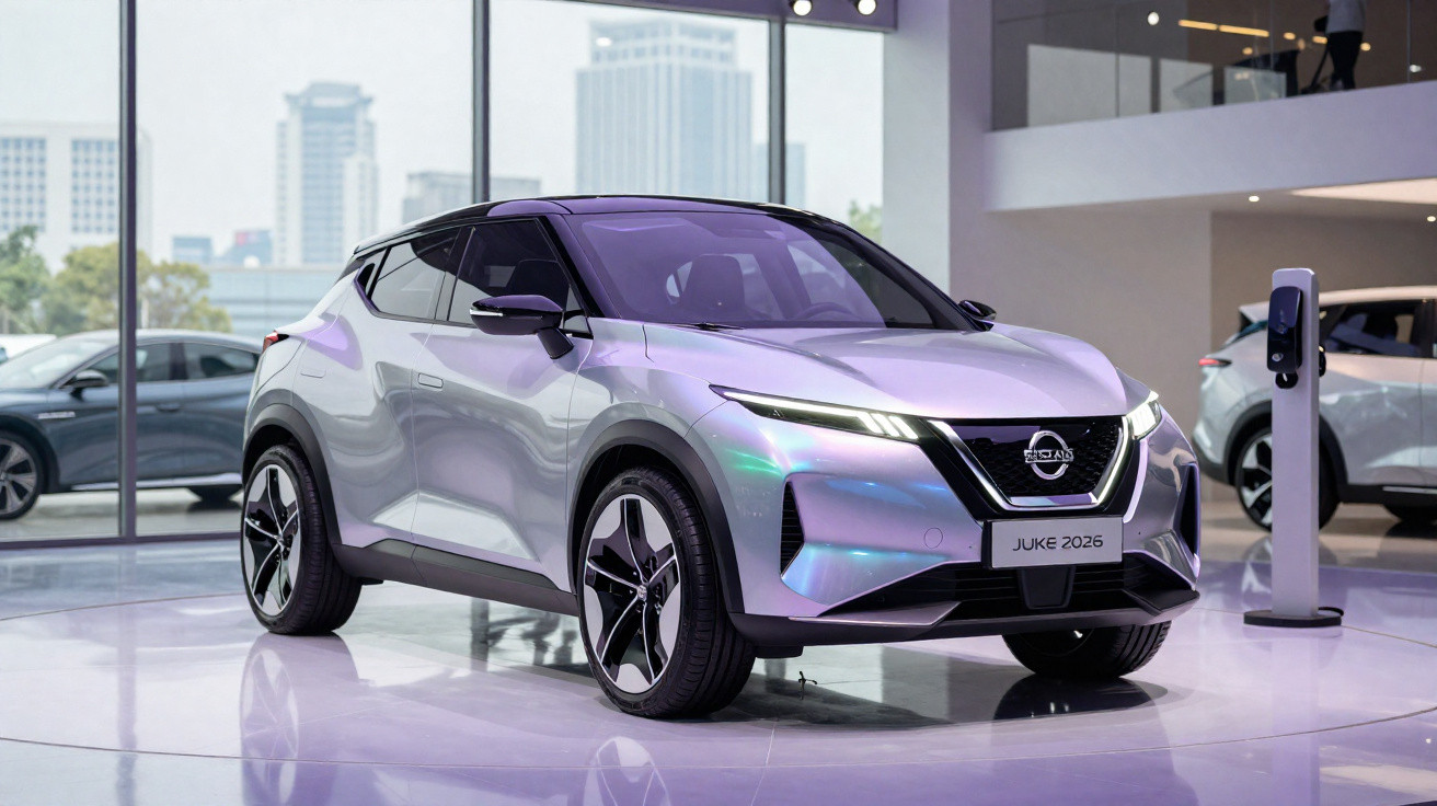 Silver Nissan Juke 2026 electric SUV displayed indoors with cityscape visible through large windows.