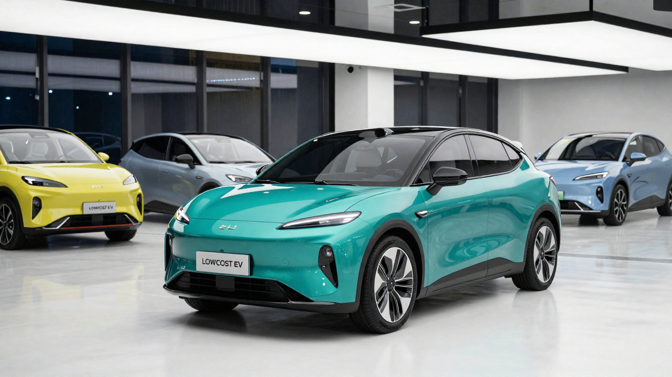 A turquoise electric car with the label "LOWCOST EV" displayed in a modern showroom with other electric cars.