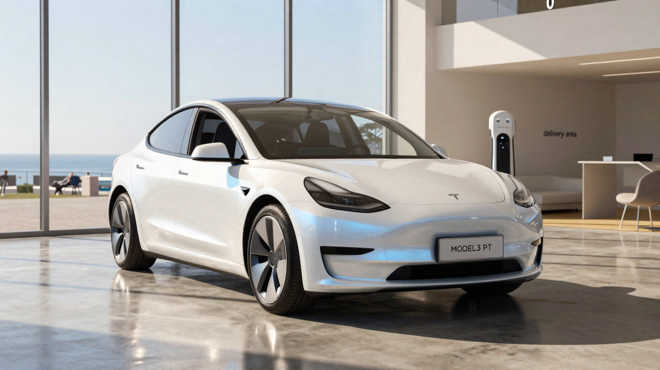 White Tesla Model 3 electric car in a modern showroom with large windows and a charging station.