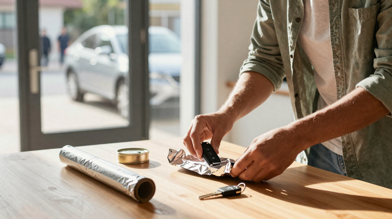 Person wrapping a car key fob in aluminium foil on a wooden table by a window.