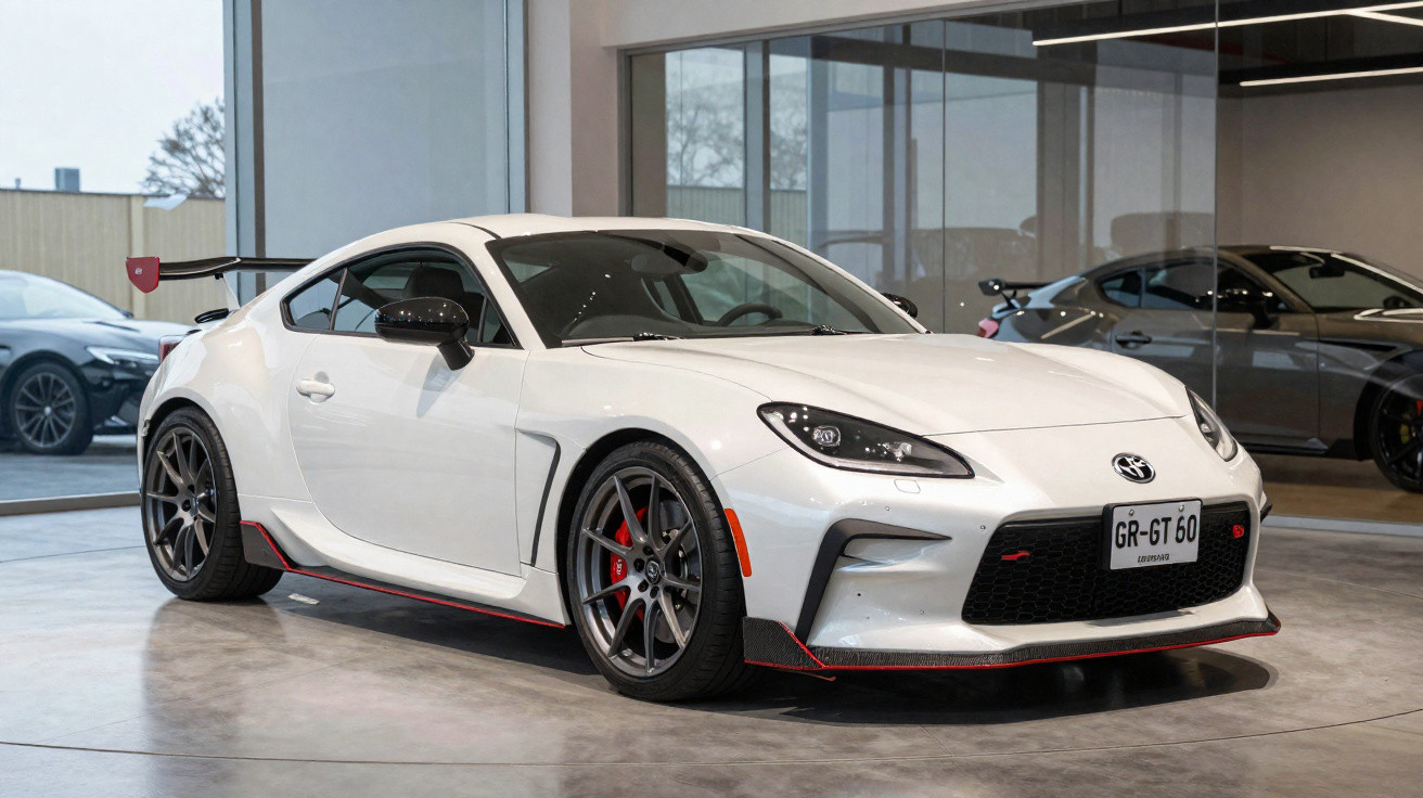 White Toyota GR sports coupe with black wheels and red accents displayed indoors on a polished floor