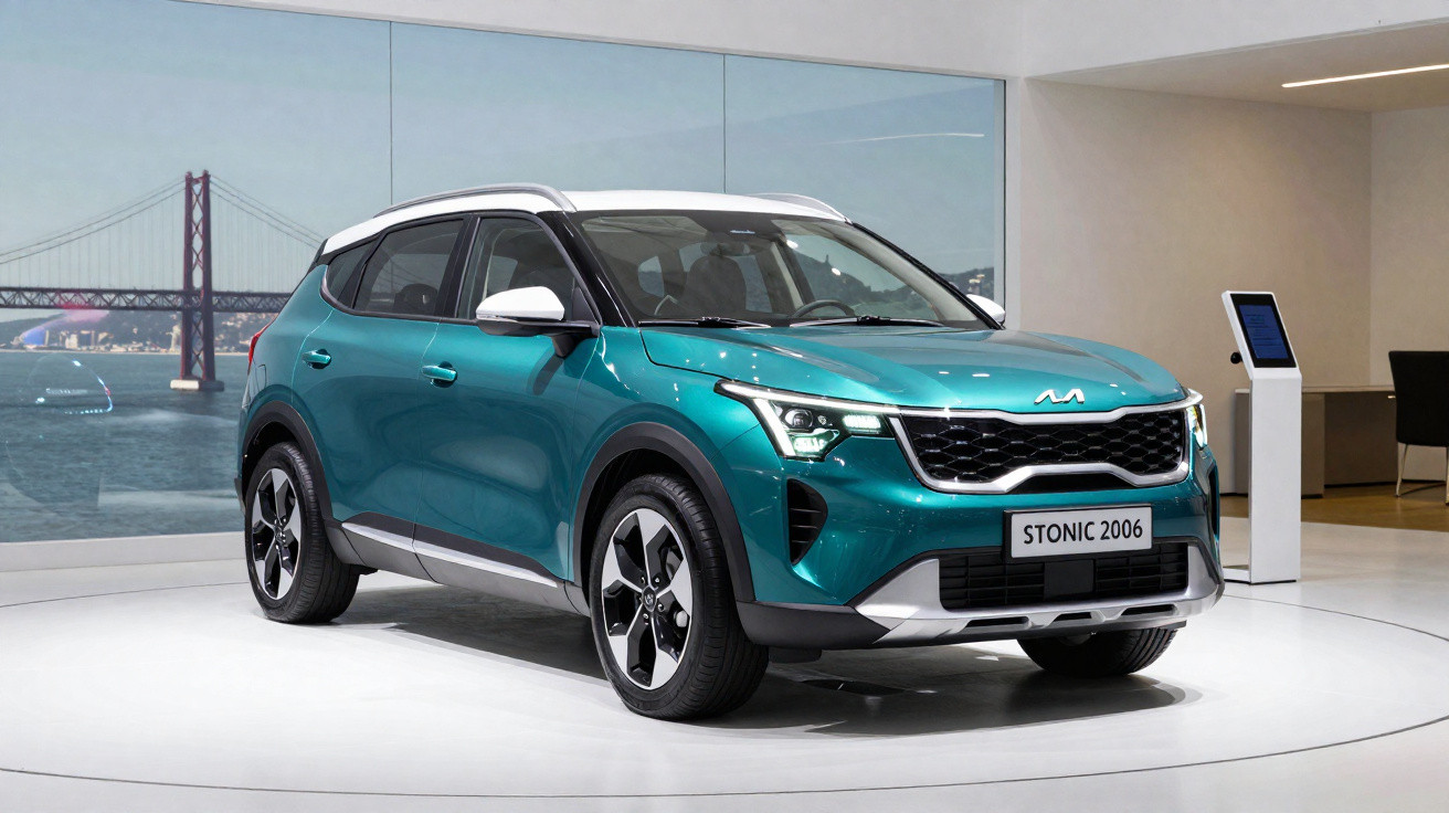 Teal Kia Stonic 2006 compact SUV with white roof displayed indoors against a marine backdrop with a bridge.