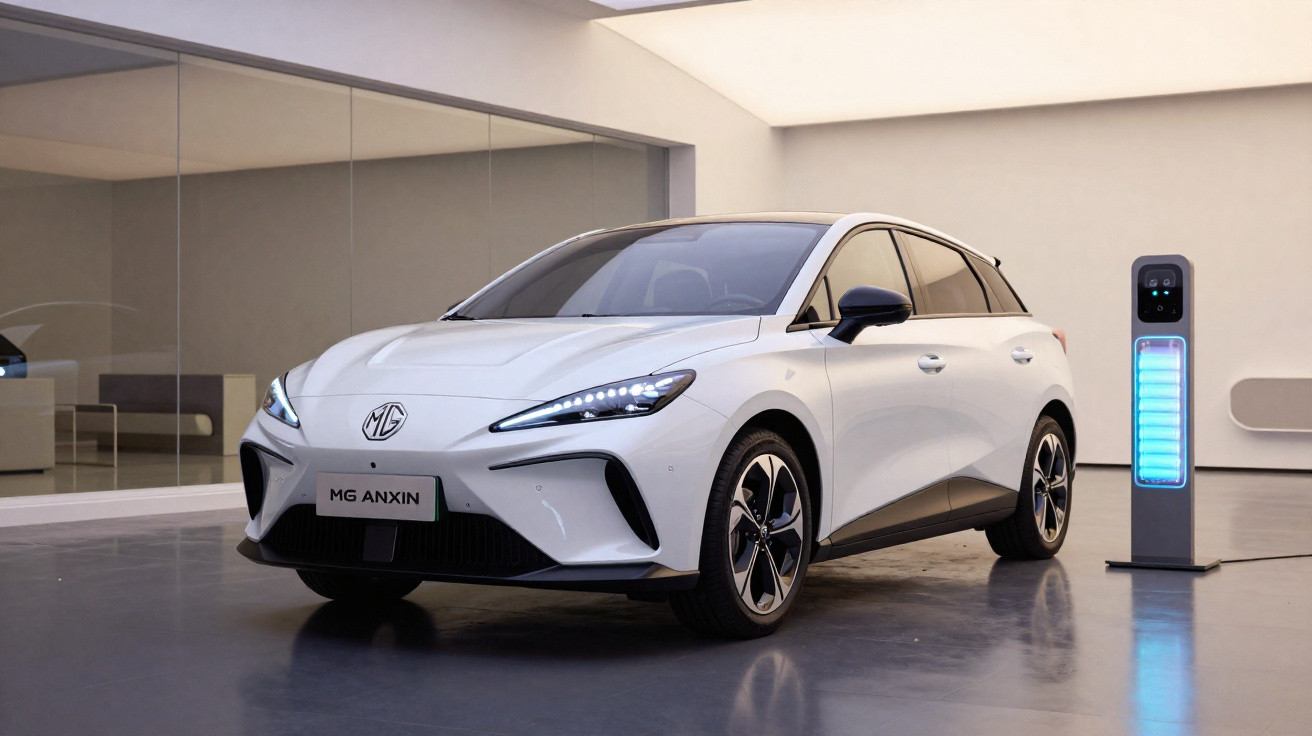 White MG Anxin electric car charging next to a modern charging station inside a showroom.