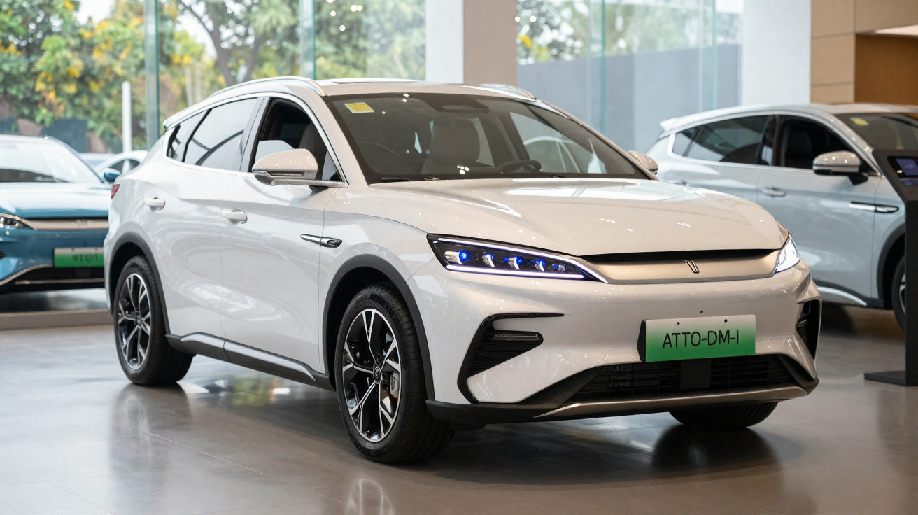 White Atto-DM-i electric SUV displayed in a showroom with sleek design and blue LED headlights.