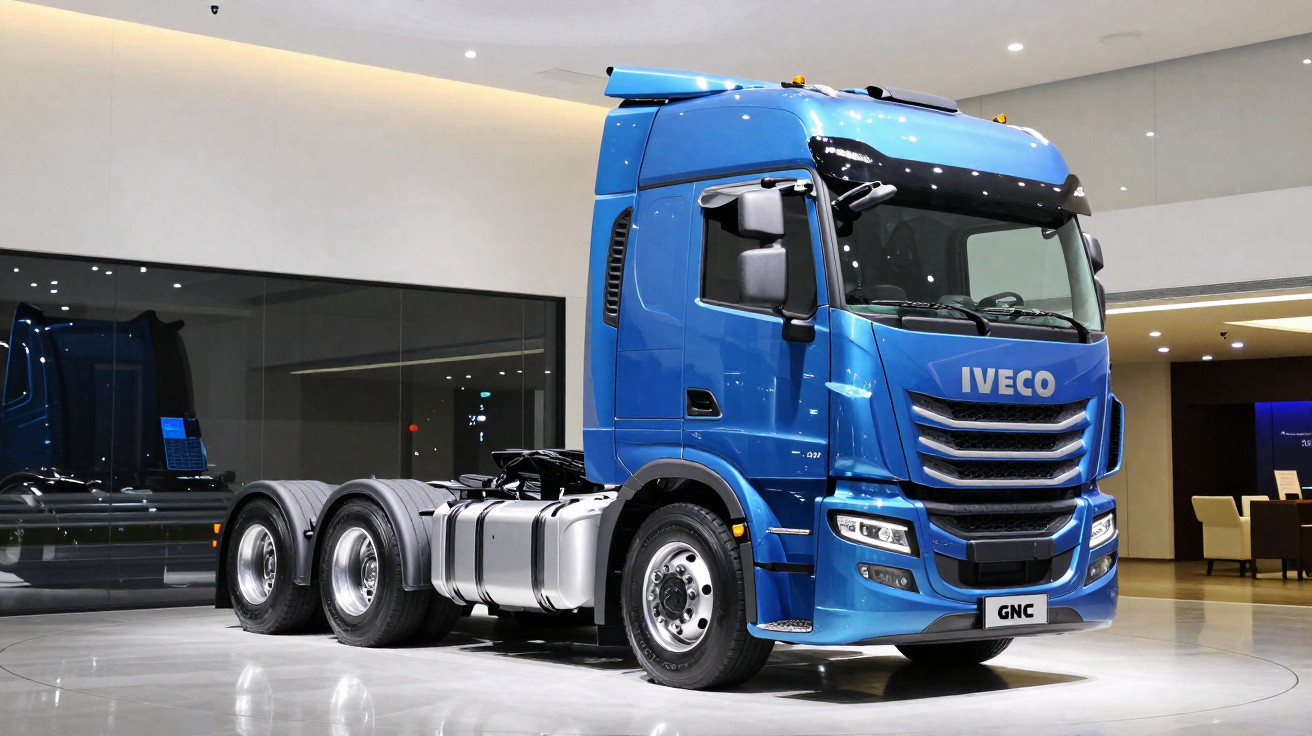 Blue Iveco GNC heavy-duty truck cab displayed indoors on a polished floor with reflective surfaces.
