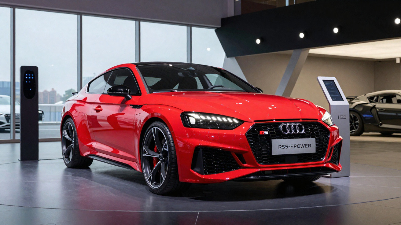Red Audi RS5 E-Power sports car displayed indoors with digital information stand nearby.
