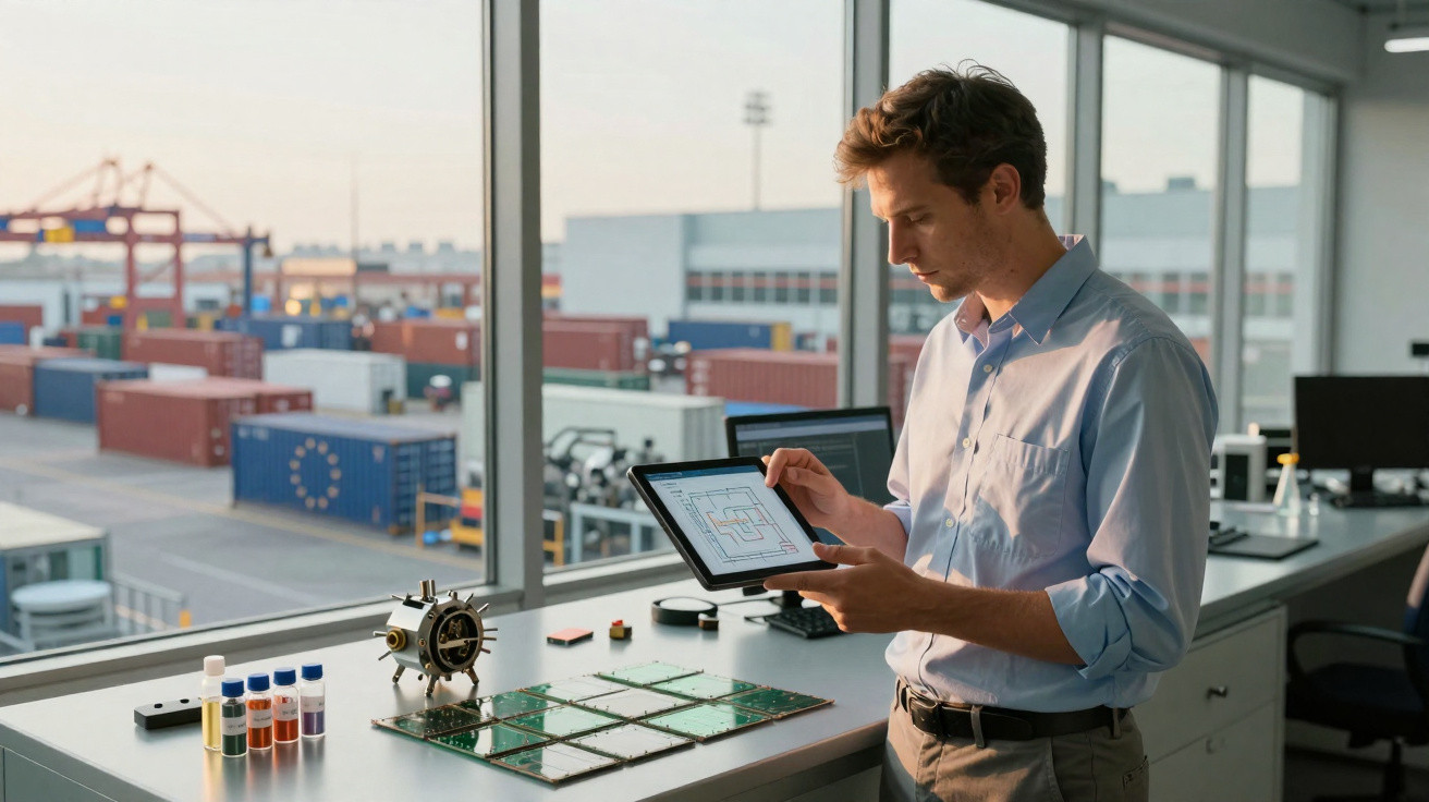 Man analysing circuit diagrams on a tablet in a modern lab overlooking a shipping container port.