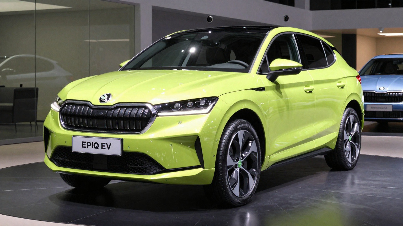 Bright green Skoda Epiq EV electric SUV displayed indoors on grey floor