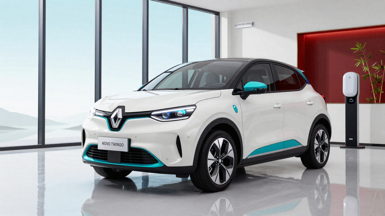 White Renault Novo Twingo electric car displayed indoors with large windows and a charging station.
