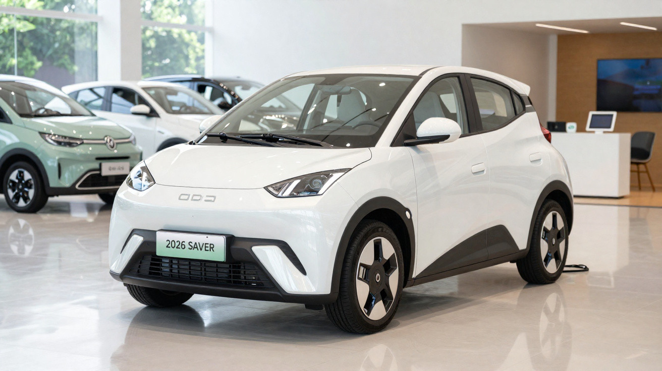 White 2026 SAVER compact electric car displayed inside a modern showroom with other vehicles in the background.