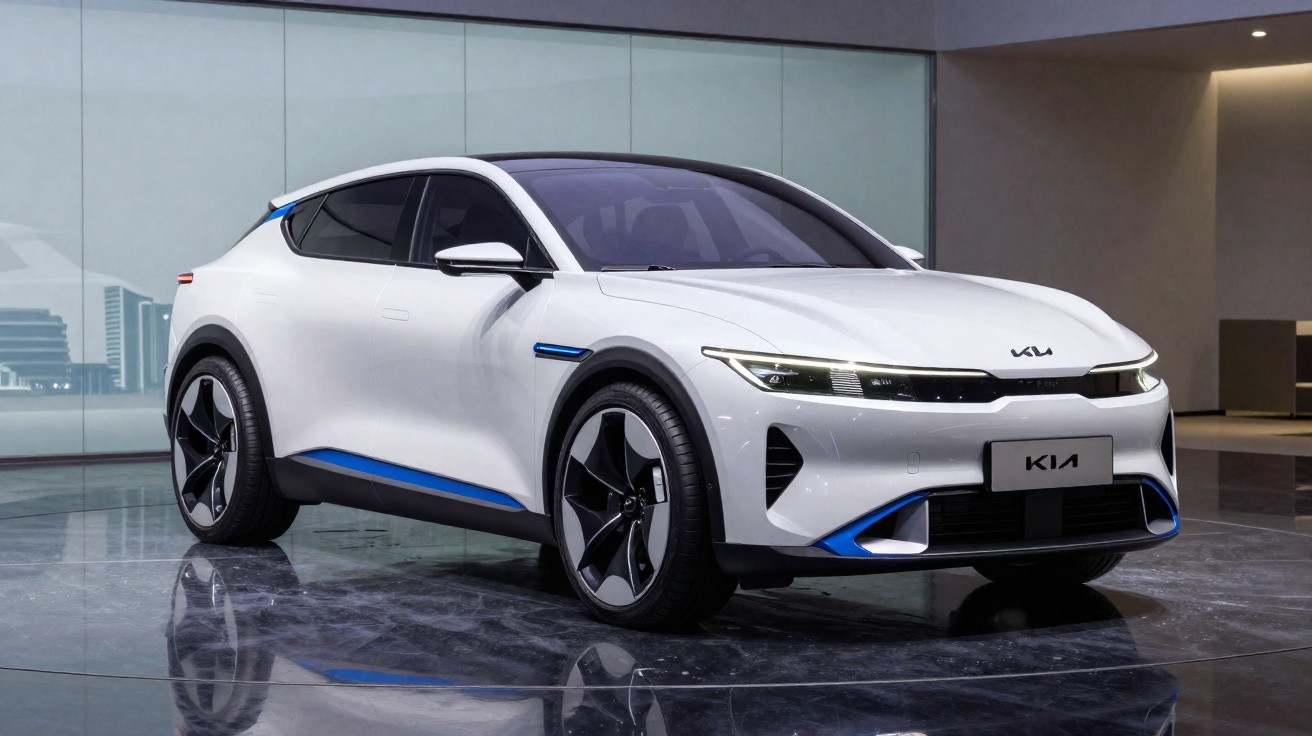 White Kia electric SUV with blue accents parked indoors on a reflective polished floor