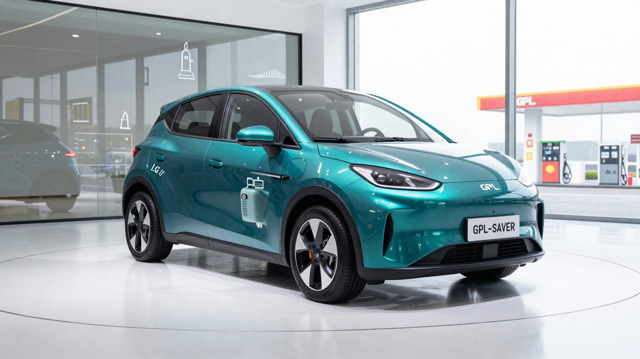 Teal electric car displayed indoors near a window showing a gas station outside.