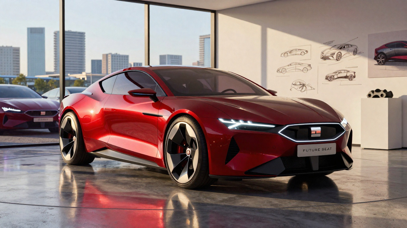 Sleek red sports car with modern LED headlights displayed in a bright showroom with design sketches on the wall.
