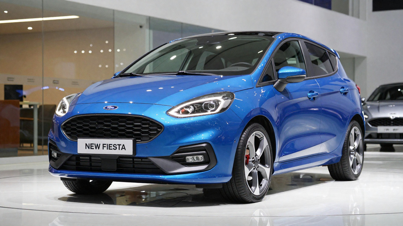 Blue Ford New Fiesta hatchback displayed indoors on a glossy floor with bright lighting.
