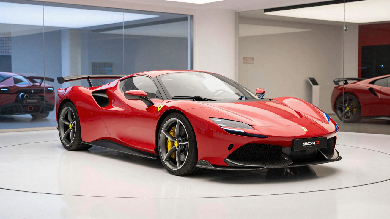 Red Ferrari sports car with black accents displayed in a modern showroom with reflective floors and glass walls.