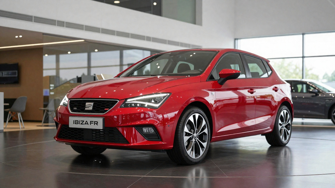 Red Seat Ibiza FR hatchback parked inside a modern car showroom with large windows and tiled floor.