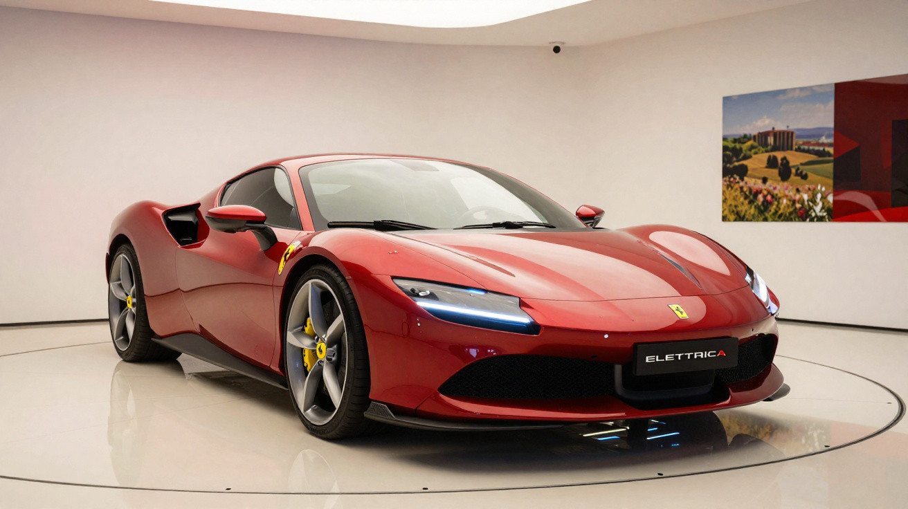 Red Ferrari sports car with sleek design displayed in a modern white showroom with artwork on the wall.