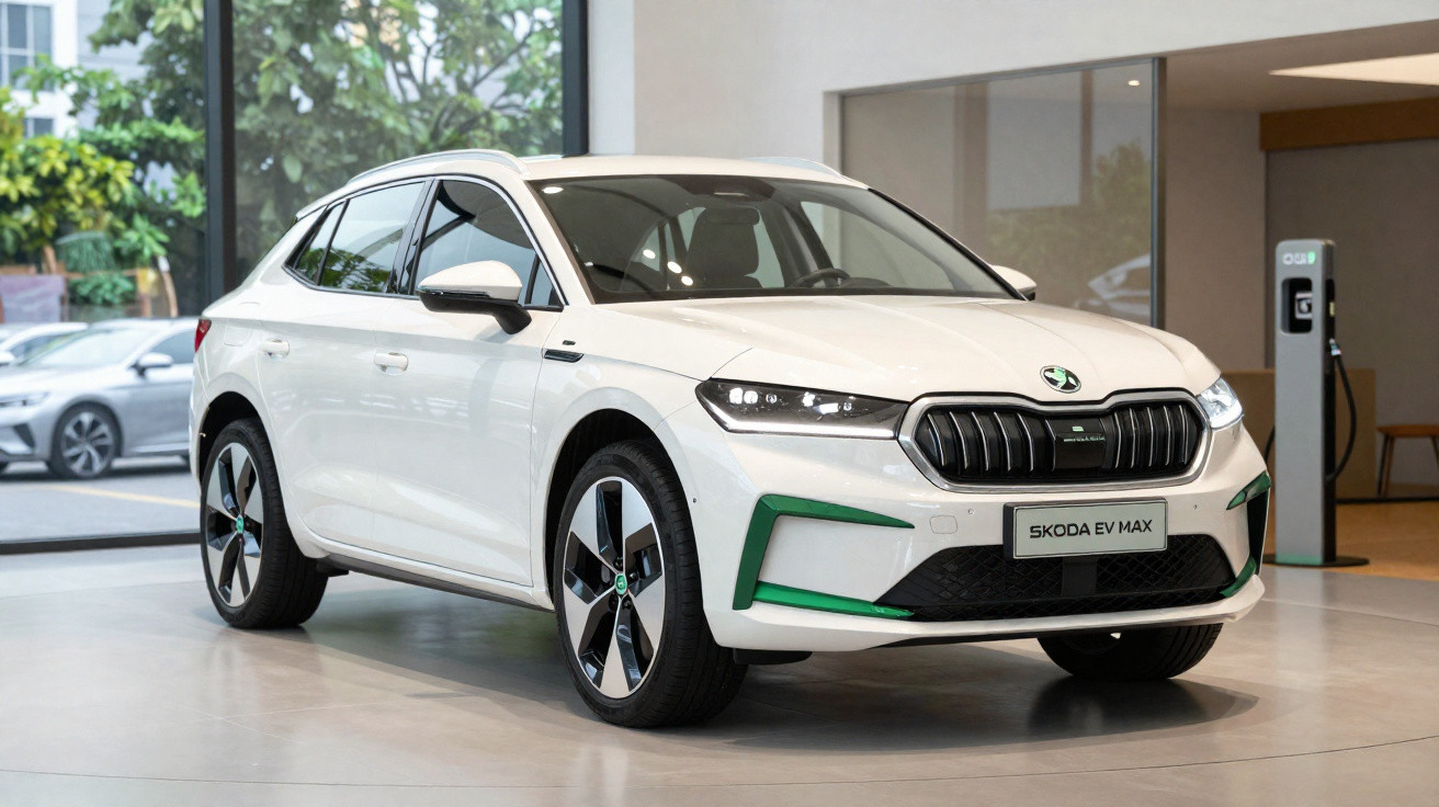 White Škoda EV Max electric SUV displayed indoors with charging station visible in the background.